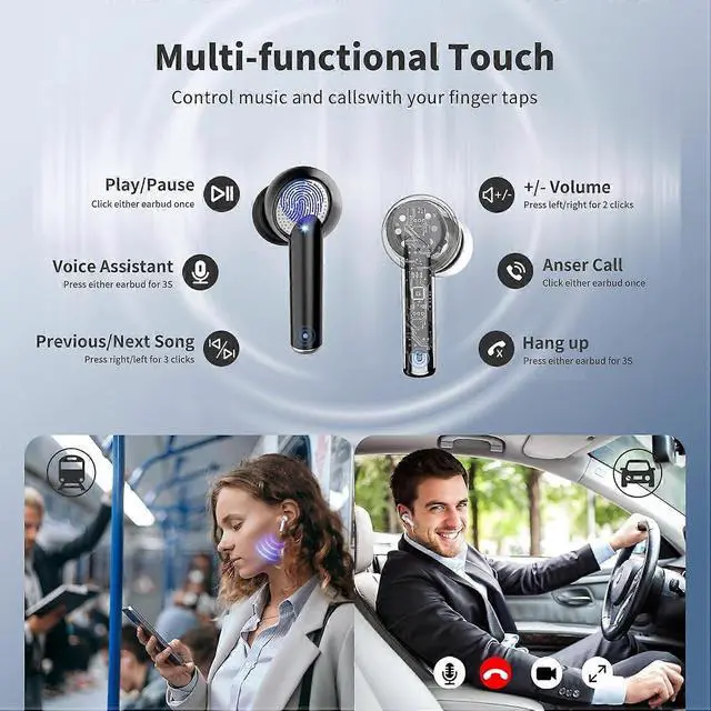 Alt view image 5 of 5 - Wireless Bluetooth Earbuds with Noise Cancelling, IPX7 Waterproof, 50H Playback & Digital Display (White)