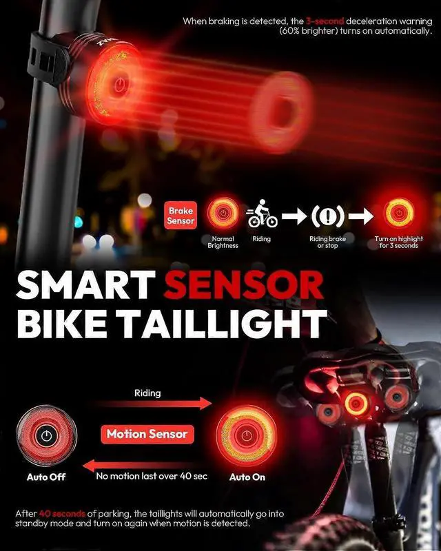 Alt view image 2 of 5 - EcocleanpathSmart Bike Tail Light Rechargeable Brake Sensing, 4 Modes IPX5 Waterproof Rear Light for Night Cycling