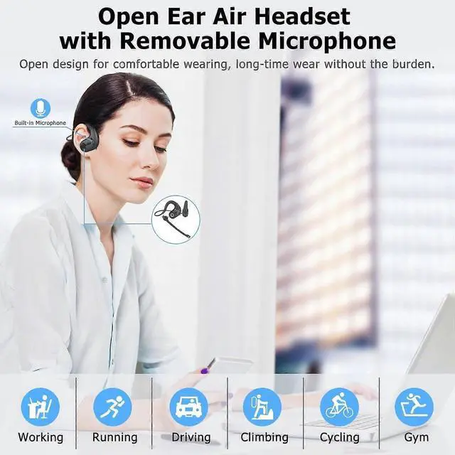 Alt view image 2 of 5 - Open-Ear Bluetooth Headset with DSP Noise Cancelling Mic, 12H Battery, IPX5 Waterproof for Office & Sports (Black)
