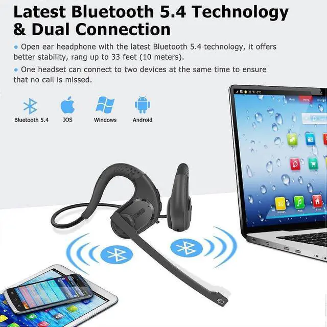 Alt view image 5 of 5 - Open-Ear Bluetooth Headset with DSP Noise Cancelling Mic, 12H Battery, IPX5 Waterproof for Office & Sports (Black)