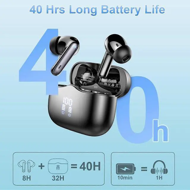 Alt view image 5 of 5 - Bluetooth 5.3 Wireless Earbuds, ENC Noise Cancelling Mic, 40H Playtime, IP7 Waterproof, HiFi Stereo, Black