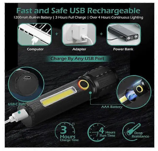 Alt view image 4 of 5 - Ecocleanpath 2-Pack USB Rechargeable LED Flashlight, Super Bright XHP50 Zoomable, IP67 Waterproof 3 Modes Mini Torch (Black)