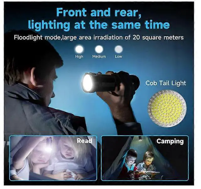 Alt view image 4 of 5 - Ecocleanpath 120000 Lumens Rechargeable Tactical Flashlight with COB Work Light & Power Bank, Black