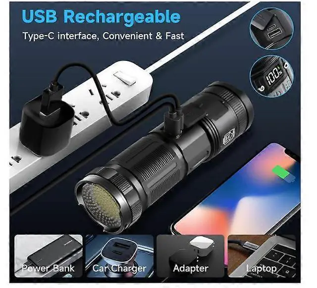 Alt view image 5 of 5 - Ecocleanpath 120000 Lumens Rechargeable Tactical Flashlight with COB Work Light & Power Bank, Black