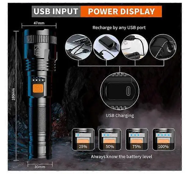 Alt view image 4 of 5 - Ecocleanpath 20000 Lumens XHP90.2 Super Bright LED Flashlight, IPX6 Waterproof Tactical Flashlight, Black