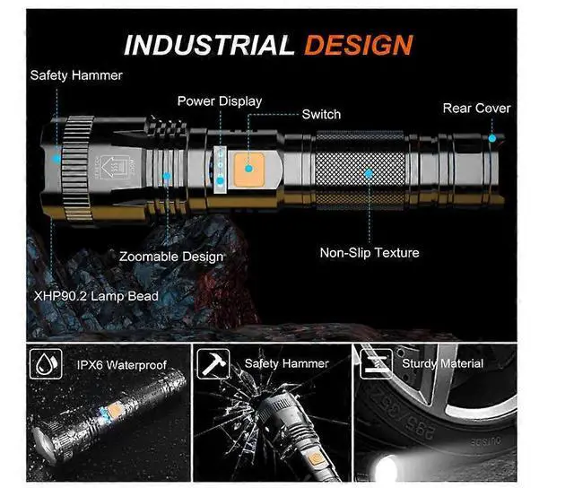 Alt view image 2 of 5 - Ecocleanpath 20000 Lumens XHP90.2 Super Bright LED Flashlight, IPX6 Waterproof Tactical Flashlight, Black