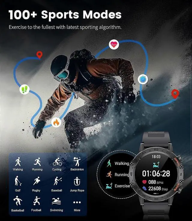 Alt view image 4 of 5 - Ecocleanpath K52 Men's Military Smart Watch, IP68 Waterproof, 100+ Sport Modes, Heart Rate & Sleep Monitor for Android iOS