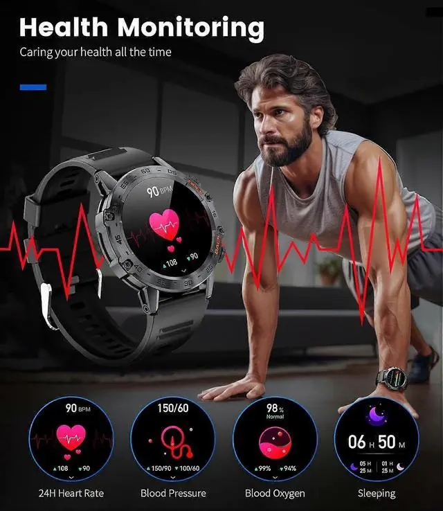Alt view image 5 of 5 - Ecocleanpath K52 Men's Military Smart Watch, IP68 Waterproof, 100+ Sport Modes, Heart Rate & Sleep Monitor for Android iOS