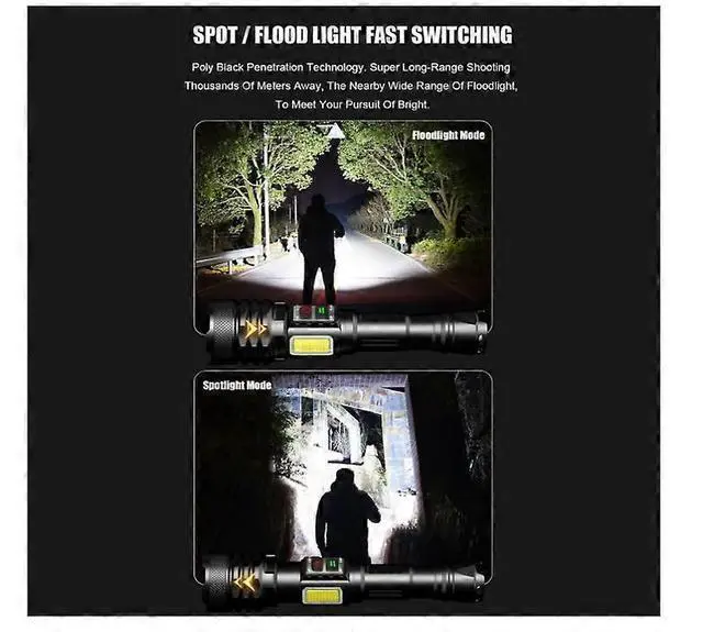 Alt view image 3 of 5 - Ecocleanpath Super Bright 5000 Lumen LED Flashlight, Zoomable Tactical with COB Sidelight & 9 Modes, Rechargeable, Waterproof (Black)