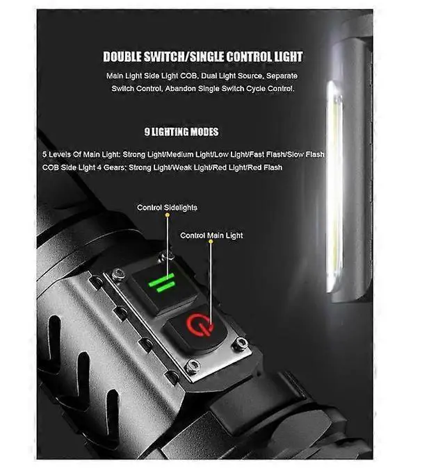 Alt view image 5 of 5 - Ecocleanpath Super Bright 5000 Lumen LED Flashlight, Zoomable Tactical with COB Sidelight & 9 Modes, Rechargeable, Waterproof (Black)