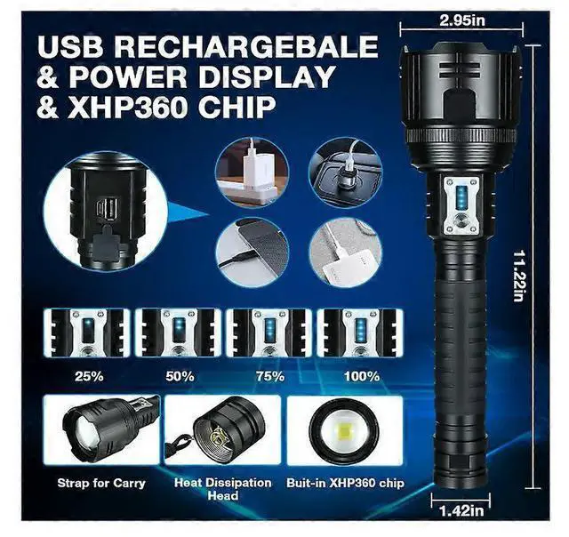 Alt view image 2 of 5 - Ecocleanpath Super Bright 190000 Lumens Rechargeable LED Flashlight, IPX7 Waterproof Zoomable Tactical Light, 6 Modes (Black)