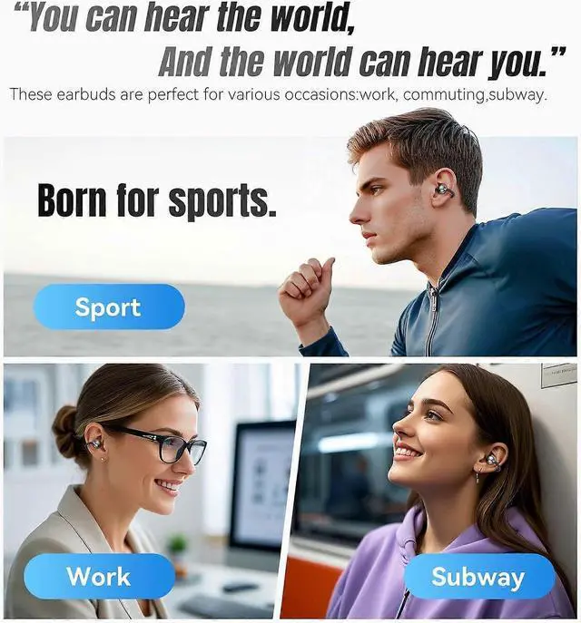 Alt view image 5 of 5 - Clip-on Open Ear Earbuds Wireless Bluetooth 5.4, 50H Playtime, ENC Calls, IPX5 Waterproof (Black)