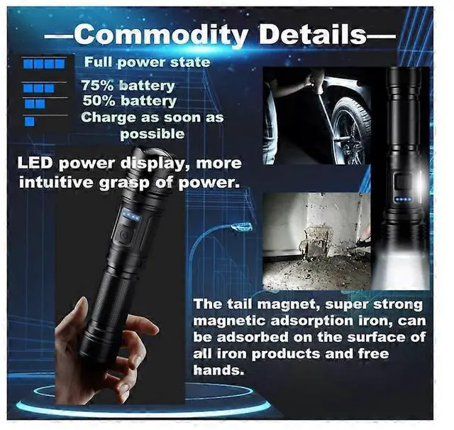 Alt view image 3 of 5 - Ecocleanpath Upgraded 10000 Lumen LED Flashlight, USB-C Rechargeable, Zoom & 7 Modes, High Power Flashlight (Black)