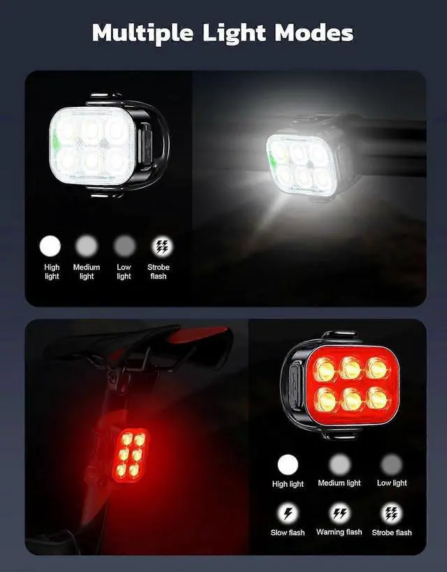 Alt view image 3 of 5 - EcocleanpathUSB Rechargeable Bike Lights Set, IP65 Waterproof Front & Back Bicycle Light with 10 Modes, Black