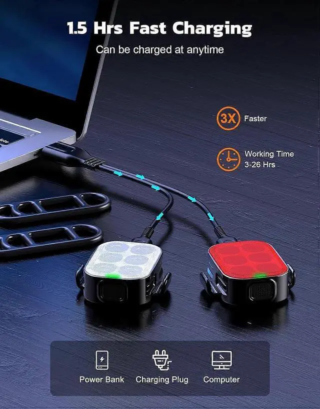 Alt view image 2 of 5 - EcocleanpathUSB Rechargeable Bike Lights Set, IP65 Waterproof Front & Back Bicycle Light with 10 Modes, Black