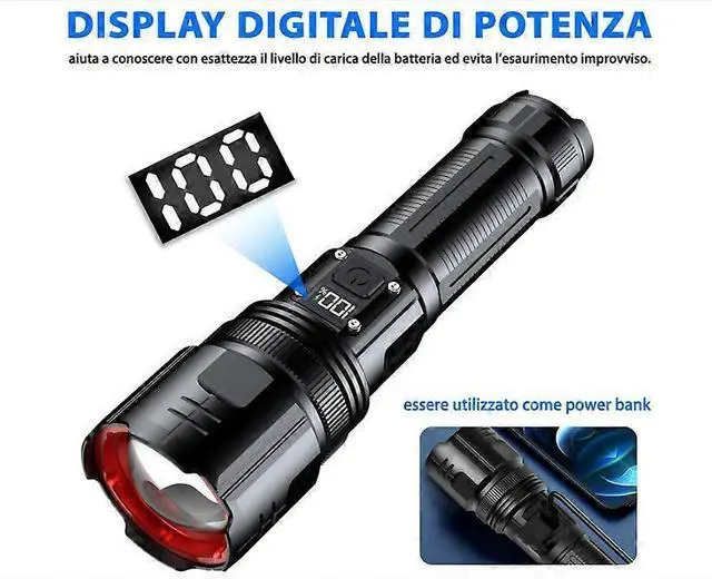 Alt view image 3 of 5 - Ecocleanpath 200,000 Lumens Rechargeable Tactical Flashlight with Digital Display & Power Bank, Zoomable, 4 Modes (Black)