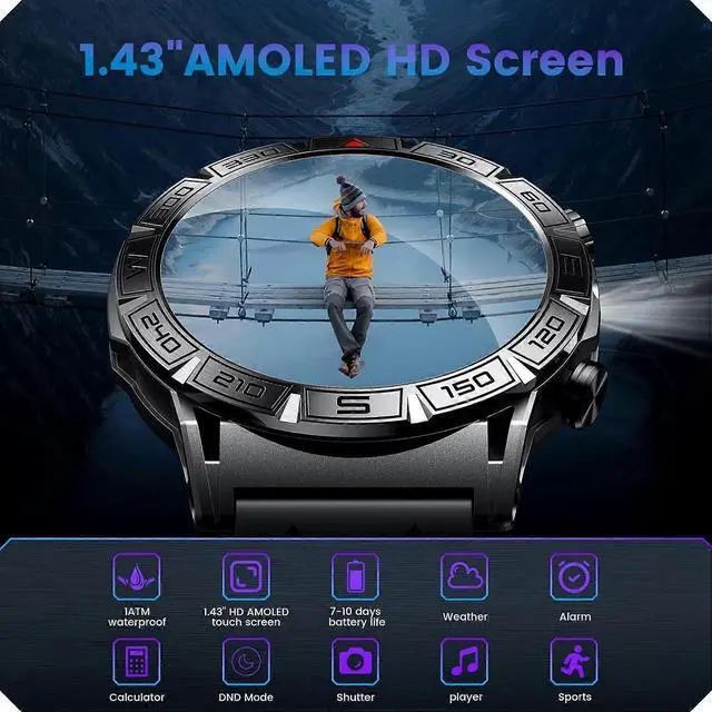 Alt view image 3 of 5 - Ecocleanpath Men's Smart Watch: 1.4" AMOLED, Call Answer/Dial, Heart Rate & BP Monitor, 100+ Sports Modes, Waterproof