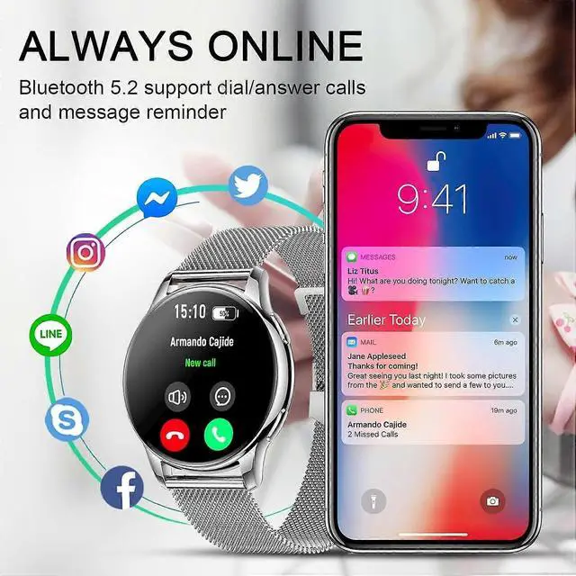 Alt view image 2 of 5 - Ecocleanpath Women's Smartwatch 1.35" AMOLED, Bluetooth Calls, 100+ Sports, Health Monitor, Waterproof, iOS/Android (Silver)