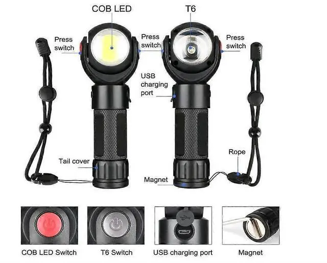 Alt view image 3 of 5 - Ecocleanpath USB Rechargeable COB Work Light with Magnet, 360° Rotating Bright Flashlight for Outdoor & Camping (Black)