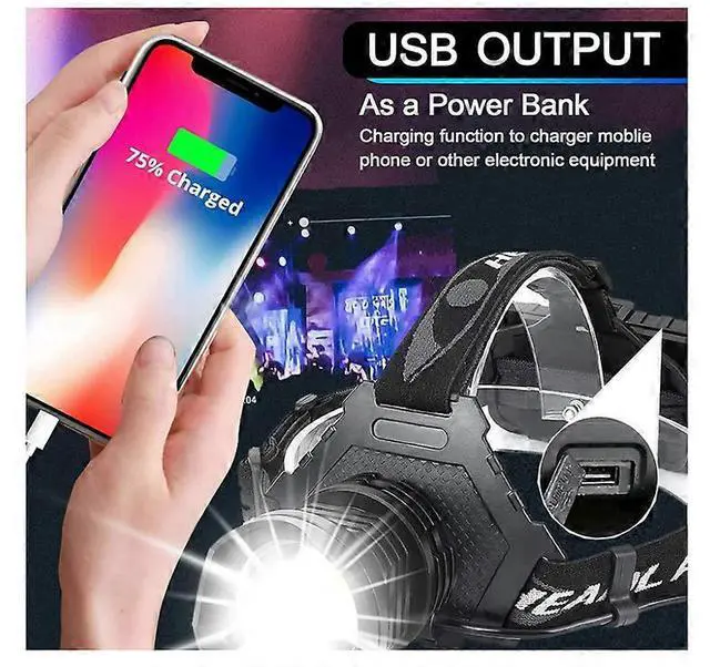 Alt view image 2 of 5 - Ecocleanpath XHP70 Rechargeable Headlamp 20000 Lumens, Zoomable 5 Modes with Power Bank & Helmet Clip (Black)