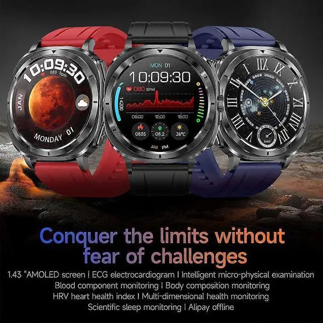 Alt view image 2 of 5 - Ecocleanpath ET492 AMOLED Smartwatch with ECG, NFC & Mood Detection, 100+ Sports Modes, Blue