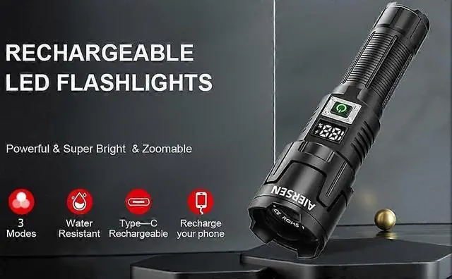Alt view image 5 of 5 - Ecocleanpath Rechargeable 90,000 Lumen LED Flashlight with Zoom, 3 Modes, IPX6 Waterproof, USB-C Charging