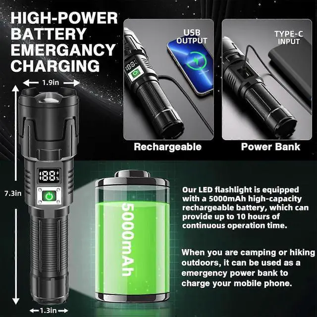 Alt view image 2 of 5 - Ecocleanpath Rechargeable 90,000 Lumen LED Flashlight with Zoom, 3 Modes, IPX6 Waterproof, USB-C Charging