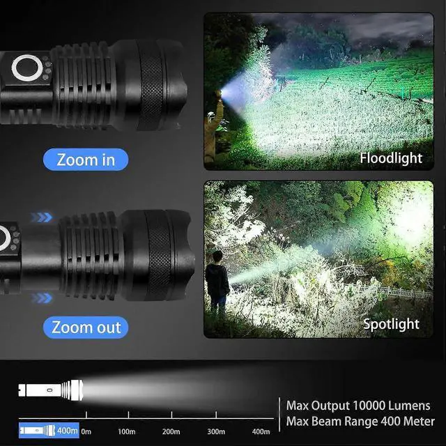 Alt view image 3 of 5 - Ecocleanpath 10000 Lumens Rechargeable Tactical Flashlight, 5 Modes Zoomable & Waterproof LED Light for Outdoor