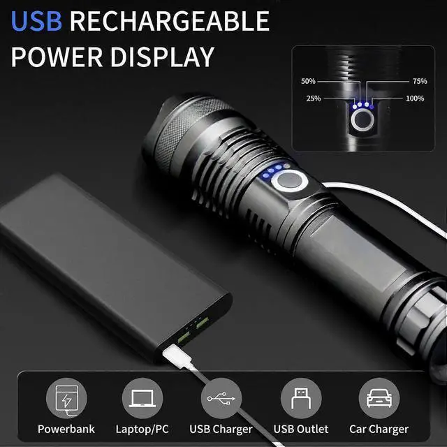 Alt view image 5 of 5 - Ecocleanpath 10000 Lumens Rechargeable Tactical Flashlight, 5 Modes Zoomable & Waterproof LED Light for Outdoor