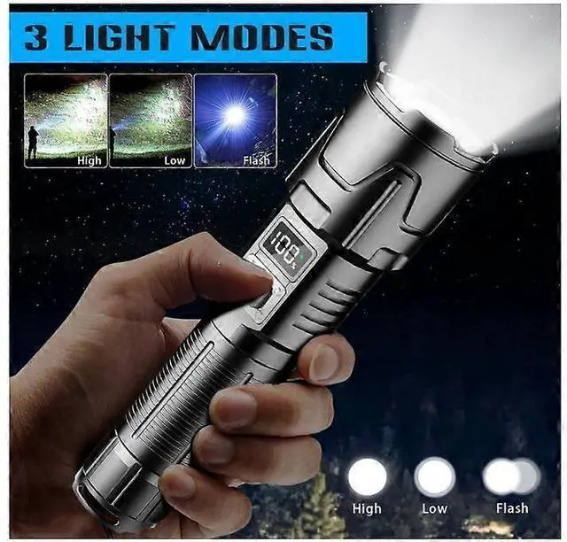 Alt view image 2 of 5 - Ecocleanpath Super Bright 1M Lumens LED Flashlight, USB Rechargeable with Digital Display, IP65 Waterproof, Black