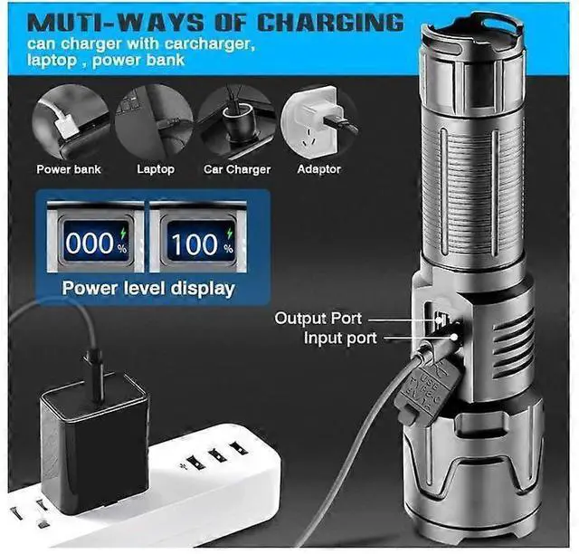 Alt view image 5 of 5 - Ecocleanpath Super Bright 1M Lumens LED Flashlight, USB Rechargeable with Digital Display, IP65 Waterproof, Black