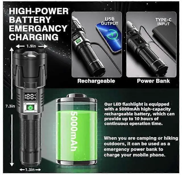 Alt view image 2 of 5 - Ecocleanpath Rechargeable High Lumen LED Flashlight with LCD Display, Zoomable, 3 Modes, IPX6 Waterproof (Black)