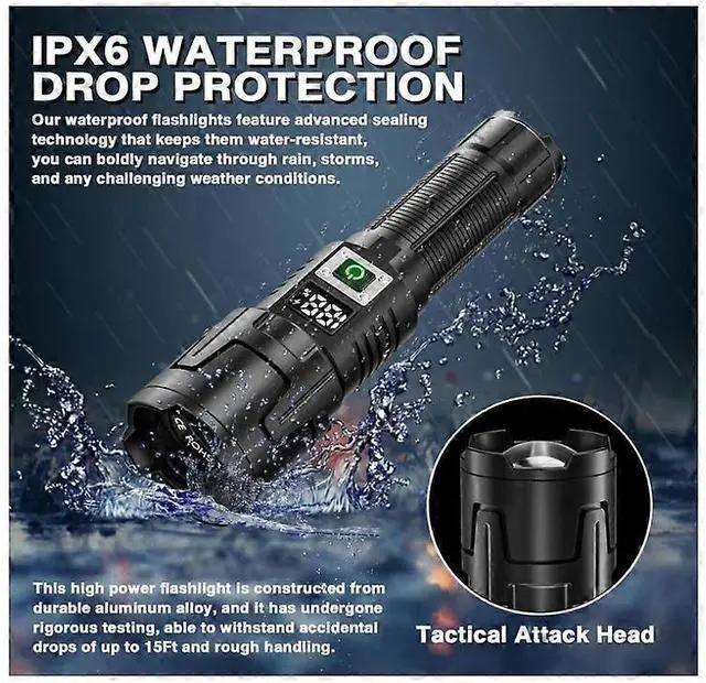 Alt view image 3 of 5 - Ecocleanpath Rechargeable High Lumen LED Flashlight with LCD Display, Zoomable, 3 Modes, IPX6 Waterproof (Black)