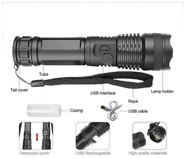 Alt view image 2 of 5 - Ecocleanpath 2700 Lumen LED Tactical Flashlight Rechargeable, Zoomable IPX5 Water Resistant Torch with 5 Modes (Black)