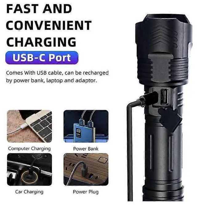 Alt view image 5 of 5 - Ecocleanpath 100,000 Lumens Rechargeable LED Flashlight, 5 Modes Zoomable IPX5 Waterproof Tactical Spotlight (Black)