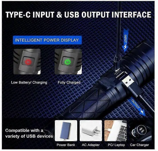 Alt view image 4 of 5 - Ecocleanpath XHP70.2 Super Bright LED Flashlight, 200000 Lumens, 5 Modes, Zoomable, Rechargeable, Black