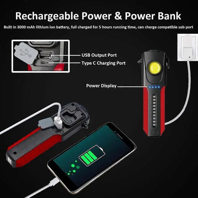 Alt view image 3 of 5 - Ecocleanpath Rechargeable LED Work Flashlight with COB Side Light, Magnetic Base, USB-C Charging & Emergency Tools