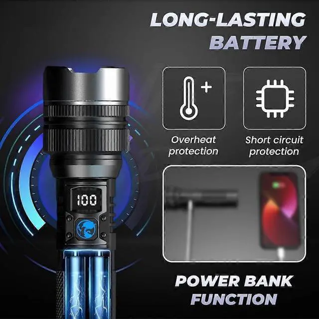 Alt view image 2 of 5 - Ecocleanpath 150000 Lumens USB Rechargeable Flashlight, IPX7 Waterproof, 5 Modes & LCD Display (Black)