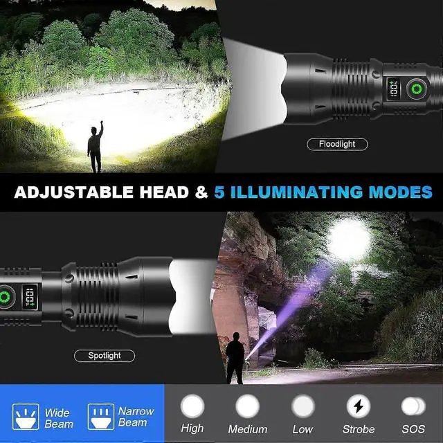 Alt view image 4 of 5 - Ecocleanpath 150000 Lumens USB Rechargeable Flashlight, IPX7 Waterproof, 5 Modes & LCD Display (Black)