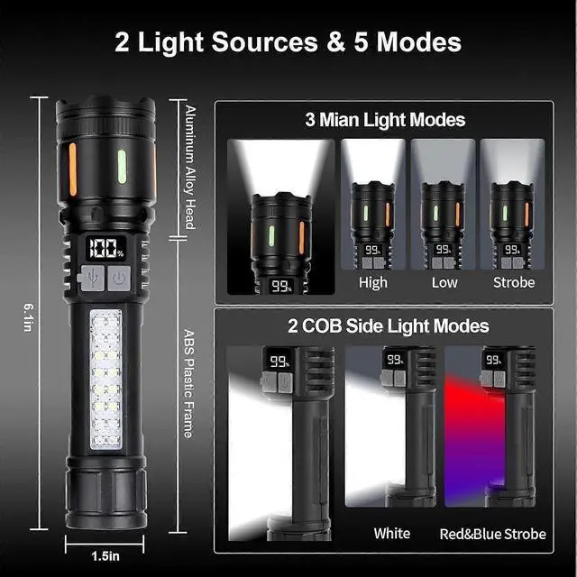 Alt view image 2 of 5 - Ecocleanpath Rechargeable LED Flashlight 3700ft Zoom, 5 Modes, USB-C, IPX6 Waterproof for Outdoor