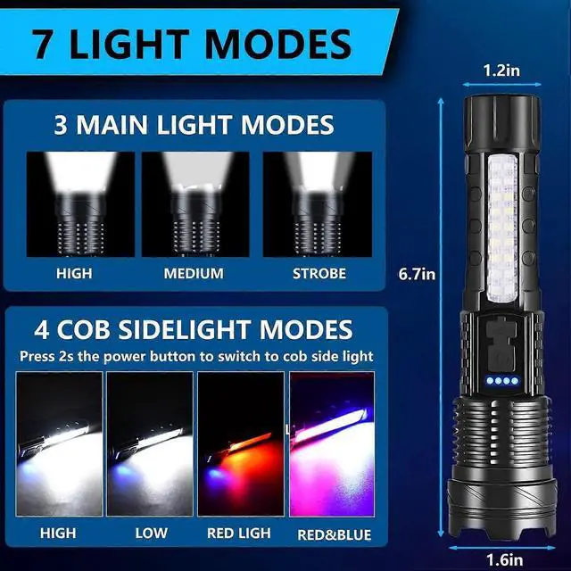 Alt view image 3 of 5 - Ecocleanpath Rechargeable LED Flashlight, 990K Lumens Super Bright, 7 Modes with COB Work Light, IPX6 Waterproof, Adjustable Tactical