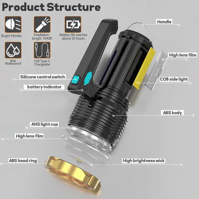 Alt view image 4 of 5 - Ecocleanpath Super Bright LED Flashlight - 8 Modes, Wall-Mounted, USB Rechargeable (Black)