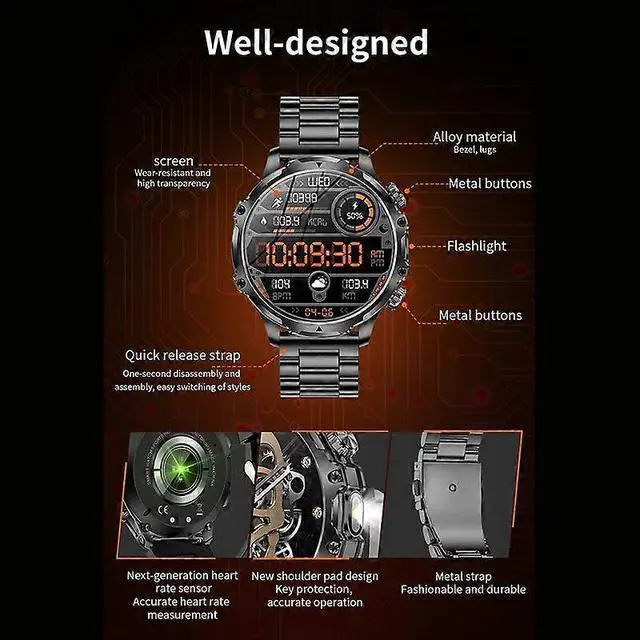 Alt view image 5 of 5 - Ecocleanpath AK75 Smartwatch with Flashlight & Bluetooth Calling, Long Battery Life, 100+ Sports Modes (Silver)