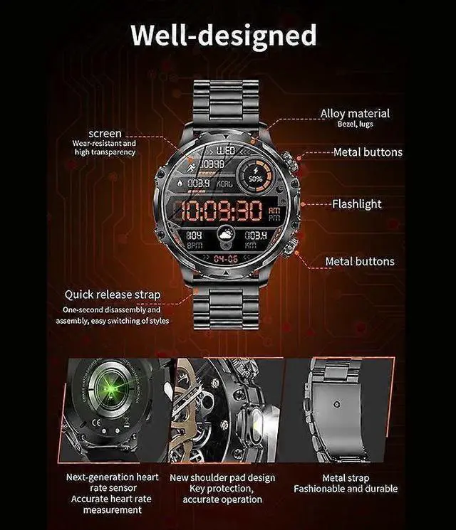 Alt view image 5 of 5 - Ecocleanpath AK75 Smartwatch with Flashlight & Bluetooth Calling, Long Battery Life, Silver - All-Day Health Tracking