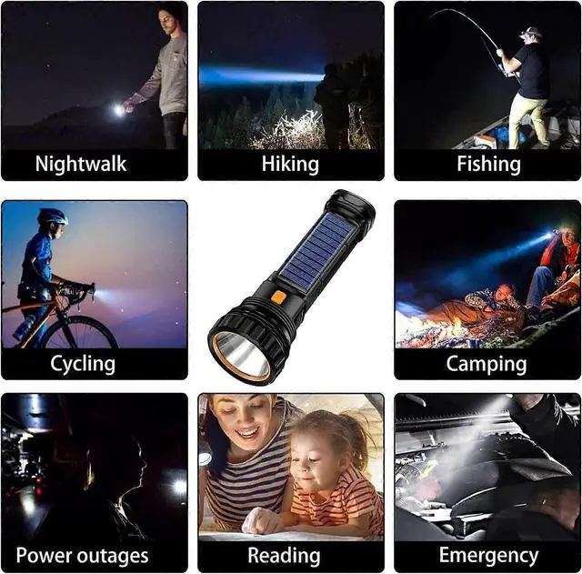 Alt view image 5 of 5 - Ecocleanpath Solar Rechargeable LED Flashlight with USB & Power Bank, 1200mAh Battery for Indoor/Outdoor Use (Black)