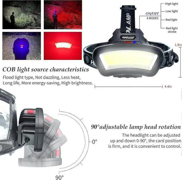 Alt view image 3 of 5 - Ecocleanpath 2000 Lumen COB Headlamp with Red Light, USB Rechargeable & Waterproof for Outdoor Use