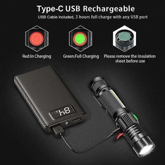 Alt view image 4 of 5 - Ecocleanpath USB-C Rechargeable Magnetic LED Flashlight, Super Bright 600ft Zoomable Tactical Light, Black