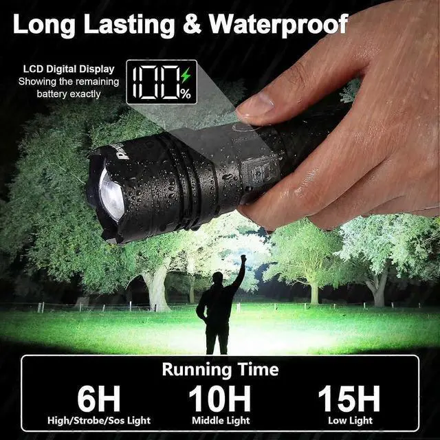 Alt view image 3 of 5 - Ecocleanpath 2000 Lumens Rechargeable LED Flashlight, USB-C Power Bank & LCD Display, IPX7 Waterproof
