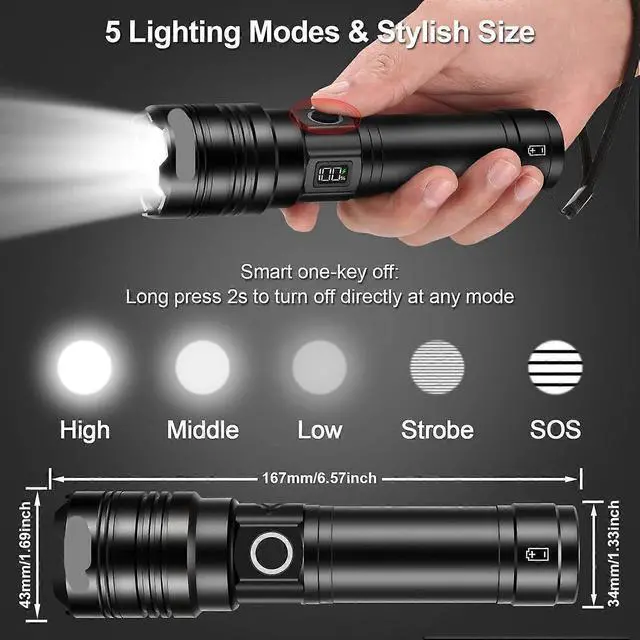 Alt view image 4 of 5 - Ecocleanpath 2000 Lumens Rechargeable LED Flashlight, USB-C Power Bank & LCD Display, IPX7 Waterproof