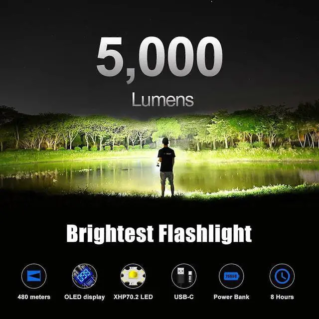 Alt view image 2 of 5 - Ecocleanpath 200,000 Lumen Rechargeable LED Flashlight with Charging Display - Ultra Bright Black Spotlight